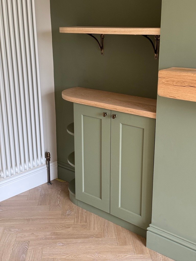 Custom alcove cabinet with oak shelves in Norfolk